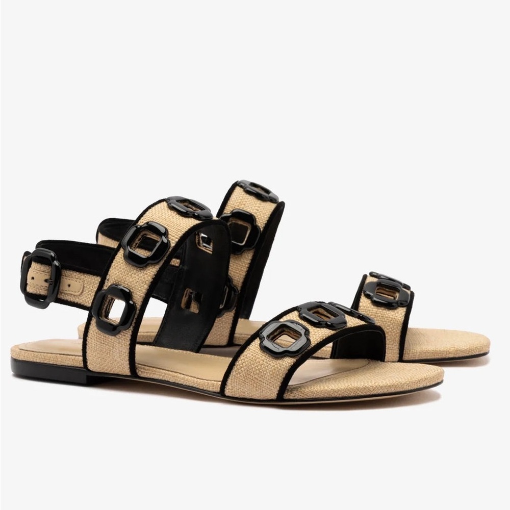 Larroude Milan Flat Sandal In Beige Raffia and Black Trimming - Picture 2 of 11